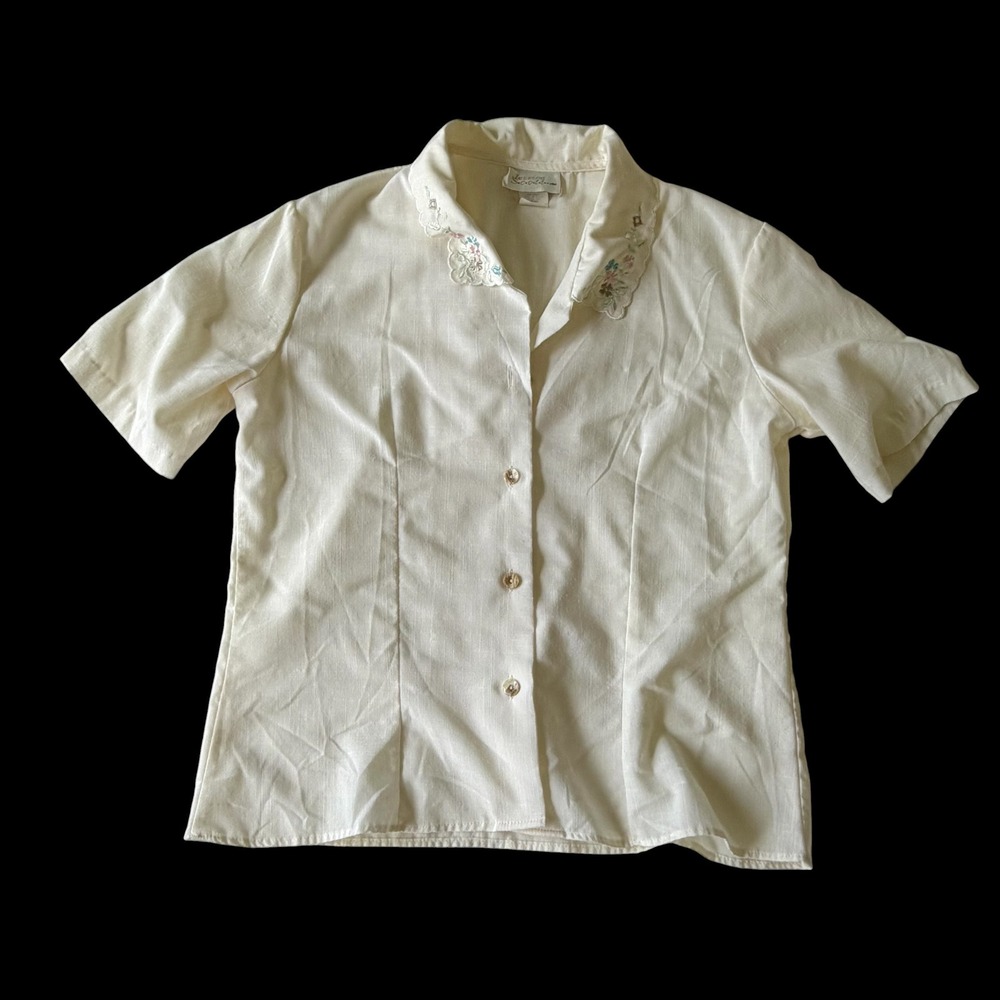 60's Cream Embroidered Floral Scallop Collar Top Coquette Short Sleeve‎ Small
